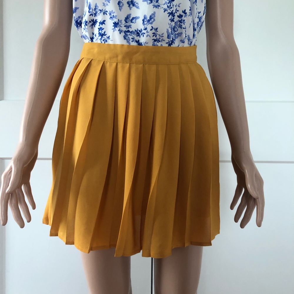 Forever 21 F21 Gold Golden Yellow Pleated Lined Chiffon Side Zip Mini Skirt XS